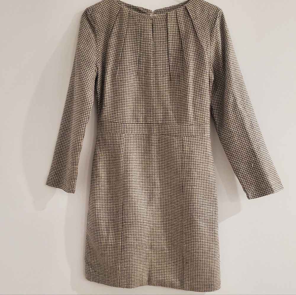 MULBERRY SILK Houndstooth Pattern Short Dress Taupey Brown & Creme Pleats Slit